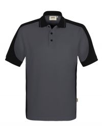 Dunkelgraues Herren Arbeits Poloshirt mit schwarzen Kontrasteinsätzen und Drei-Loch-Knopfleiste – strapazierfähig und pflegeleicht für Handwerk, Pflege und Gastronomie